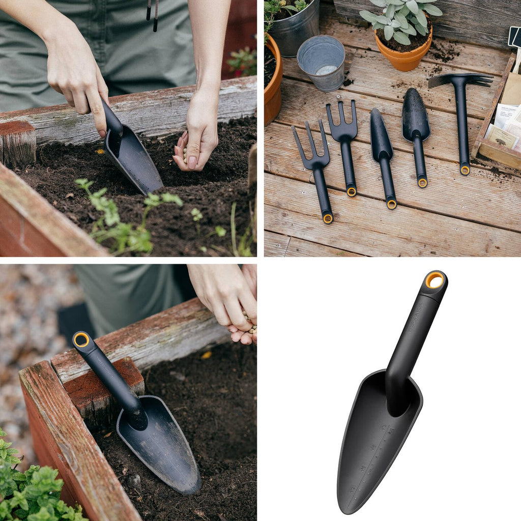 Fiskars Gartenwerkzeuge-Set, 3-teilig, Xact Unkrautstecher, Rostfreier Stahl/Kunststoff, Solid-Kombihacke und -Blumenkelle, Glasfaserverstärkter Kunststoff, Schwarz/Orange, 1077307