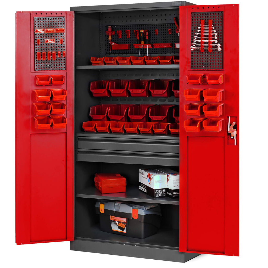 Jan Nowak Werkzeugschrank TC02AM Werkstattschrank mit Schubladen Flügeltüren Metallschrank 3 Fachböden Pulverbeschichtung 185 cm x 92 cm x 50 cm (Rot)