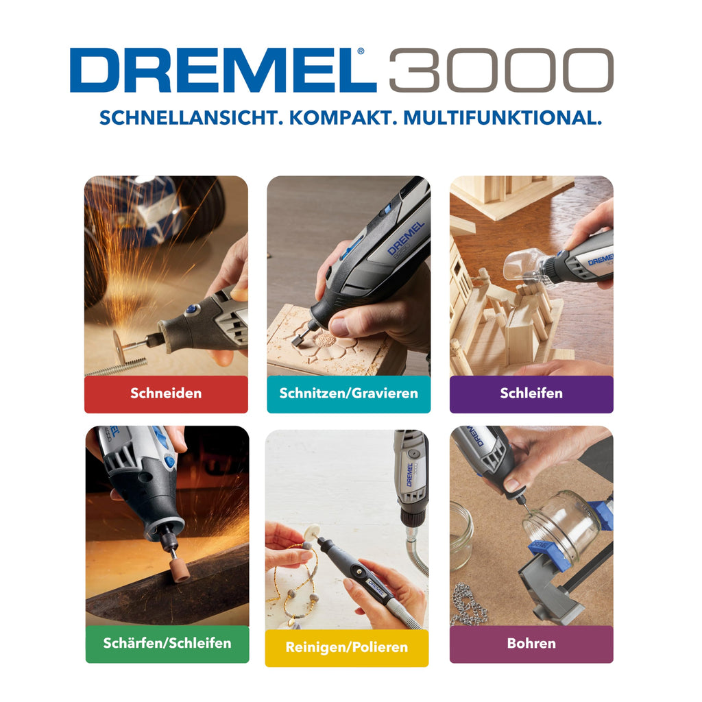 Dremel 3000 Multifunktionswerkzeug 130W, Set mit 1 Aufsatz, 25 Zubehörteilen, Variable Drehzahl 10.000-33.000 U/min zum Schneiden, Schleifen, Gravieren, Polieren, Schärfen, Reinigen, Schnitzen