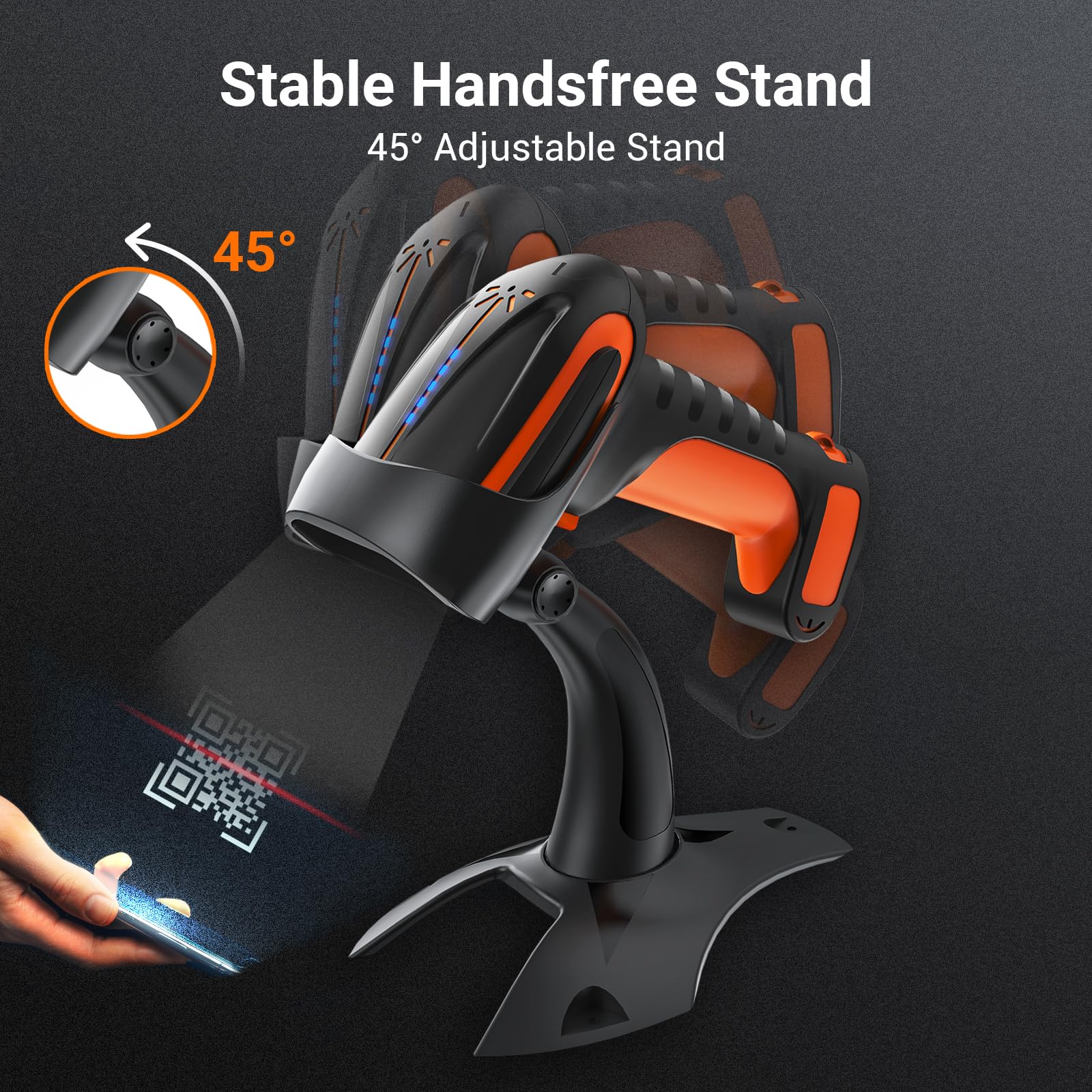 Tera Pro 3 in 1 Extreme Leistung Barcodescanner Kabellos 1D 2D QR Bluetooth Kabellos 2,4G & Kabelgebunden USB-C Industriell 1D Barcode Scanner 2500mAh Exzellente Fallfestigkeit mit Ständer 8100 Orange