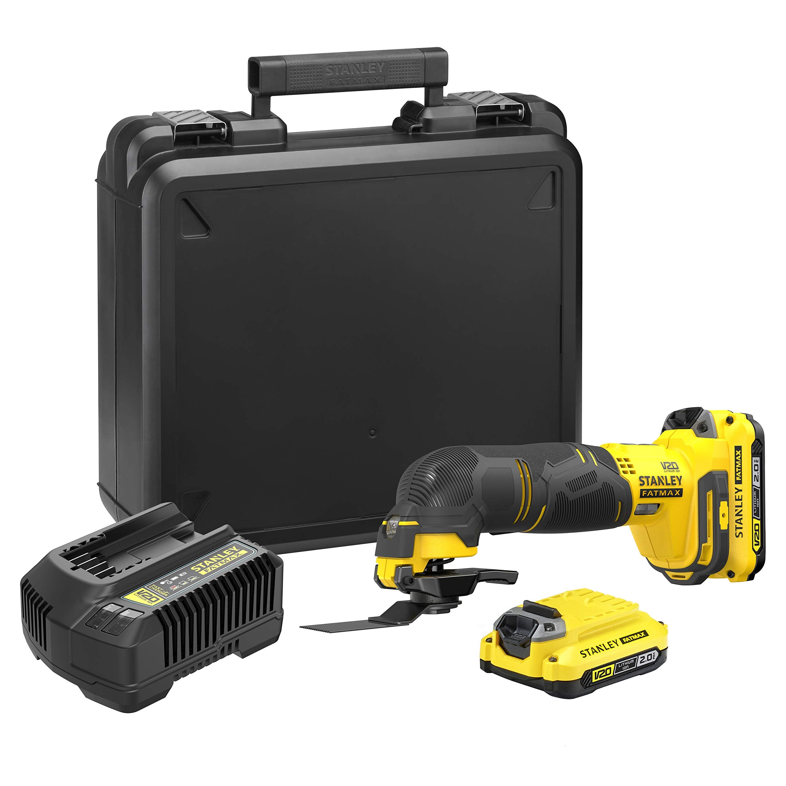 Stanley FatMax 18V Akku-Multifunktionswerkzeug SFMCE500D2K (2.0 Ah, Schleifer, Säge & Universalmesser in einem Gerät – Oszillierendes Werkzeug, inkl. 20-tlg. Zubehör, 2x Akkus, Ladegerät, Koffer)