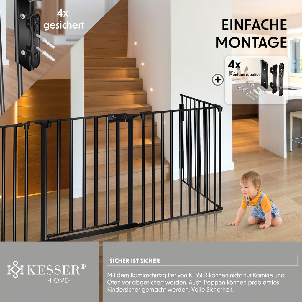 KESSER® Kaminschutzgitter mit Tür 305 cm Metall Ofenschutzgitter Laufgitter Laufstall Absperrgitter Tierschutzgitter Türschutzgitter für Kinder-Sicherung, 5-teilig Elemente (je 60 x 75 cm) Schwarz