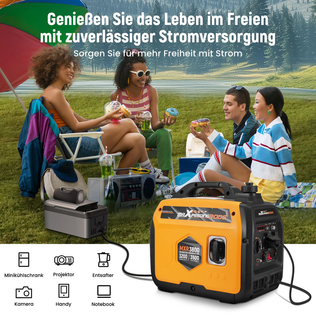 maXpeedingrods Inverter Stromerzeuger 3500W Superleise, Leicht und Mobil Benzin Notstromaggregat Stromgenerator, ECO-Modus mit 2x 230V / 2x USB / 1x 12V DC Steckdosen für RV Camping Festivals, Reise
