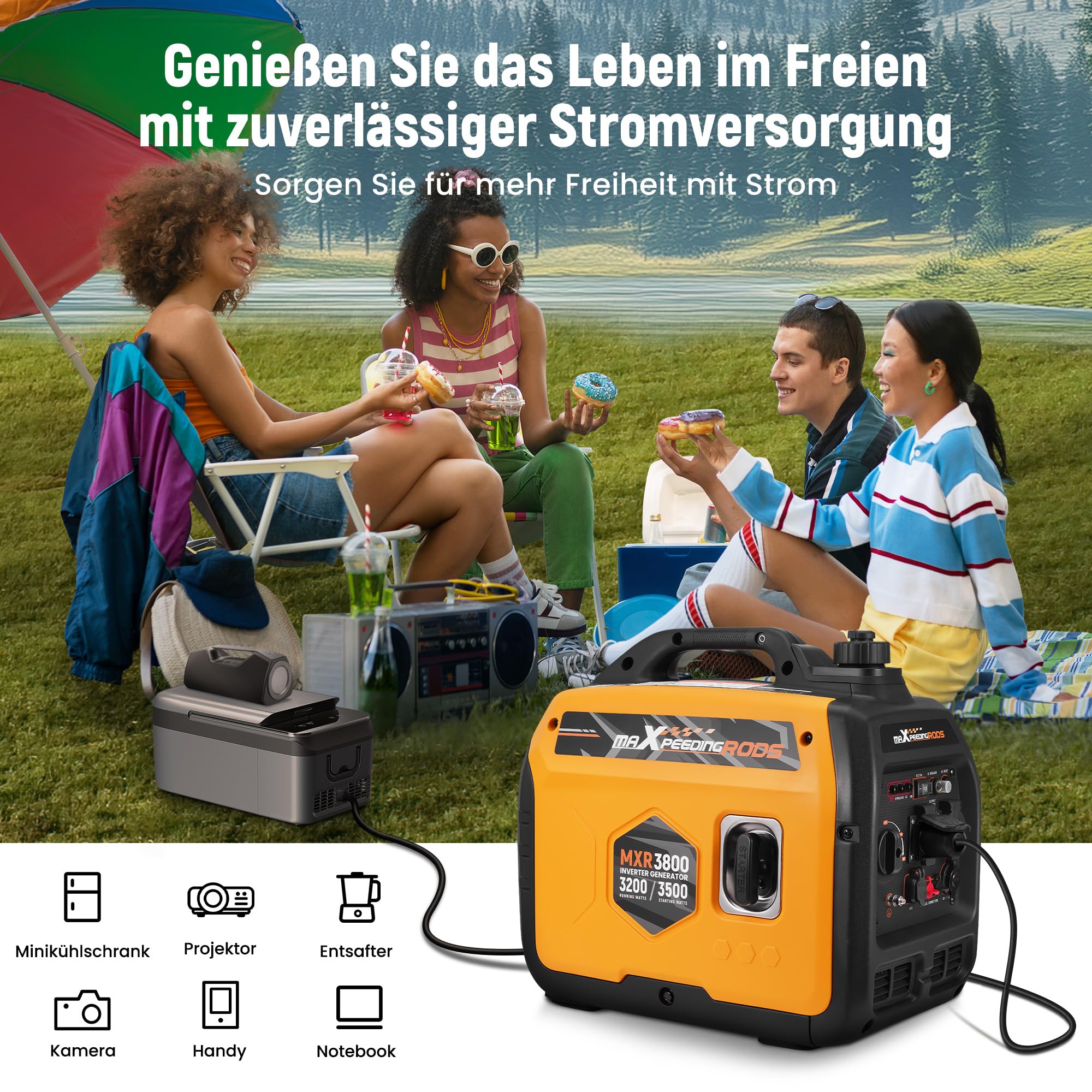 maXpeedingrods Inverter Stromerzeuger 3500W Superleise, Leicht und Mobil Benzin Notstromaggregat Stromgenerator, ECO-Modus mit 2x 230V / 2x USB / 1x 12V DC Steckdosen für RV Camping Festivals, Reise