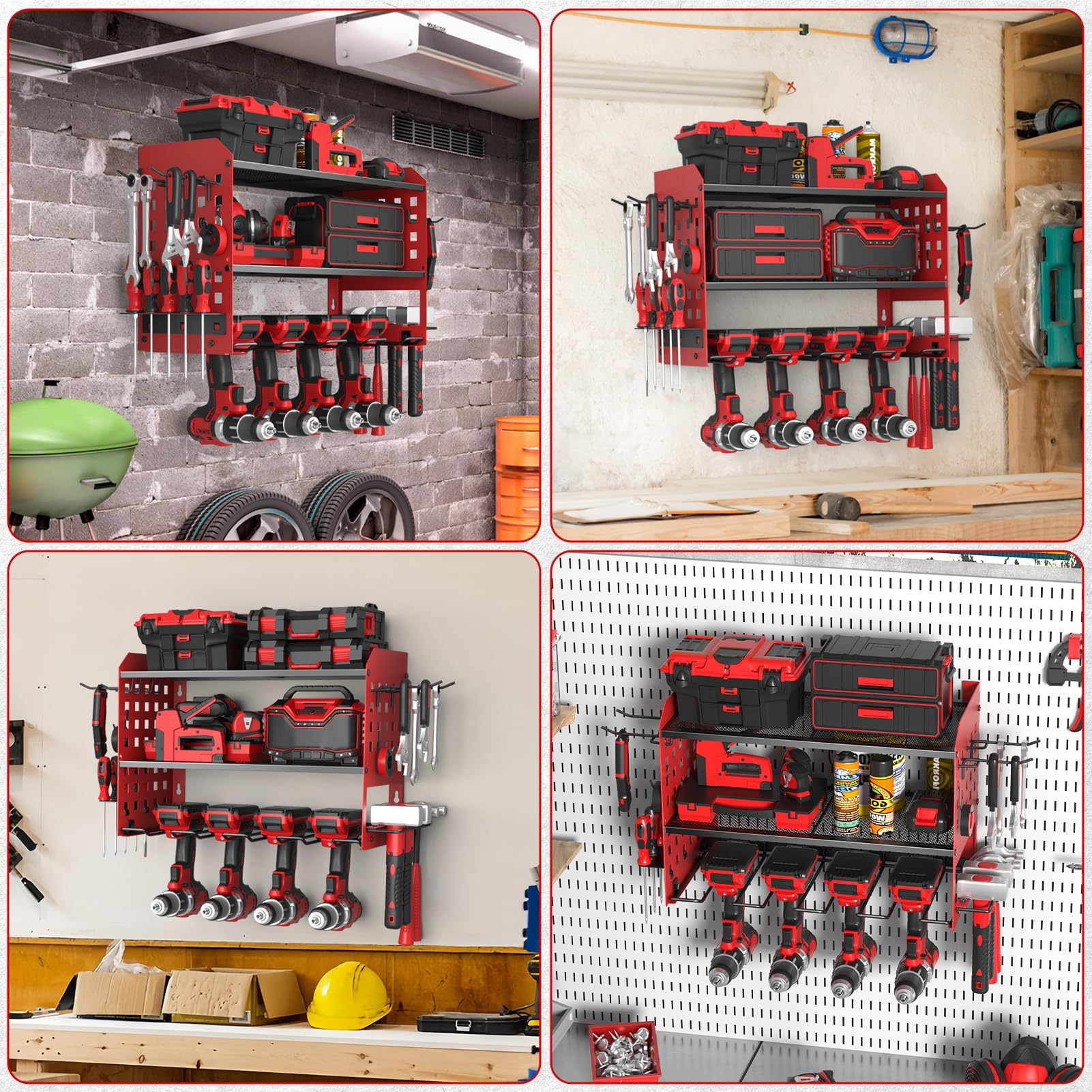 Yeabett 3 Ebenen Werkzeug Wandhalterung, Werkzeugspeicher Aufbewahrung für 4 Elektrowerkzeug, Werkzeug Wandhalterung für Garage, Werkstatt, 42.5 * 20 * 31cm (Rot)