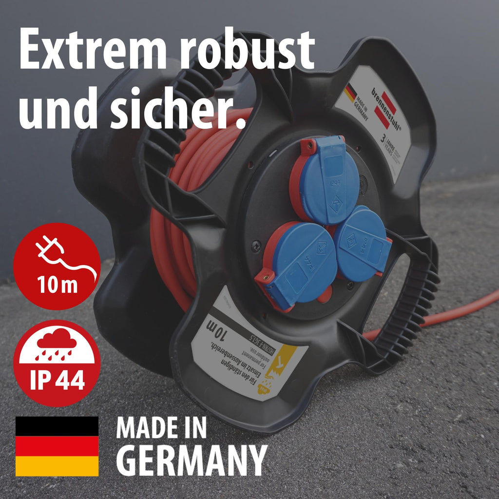 Brennenstuhl Gummi-Kabelhaspel X-Gum IP44 / Kabeltrommel für die Baustelle aus Gummi (10m, ständiger Einsatz im Außenbereich, Spezial-Gummimischung, Made in Germany)