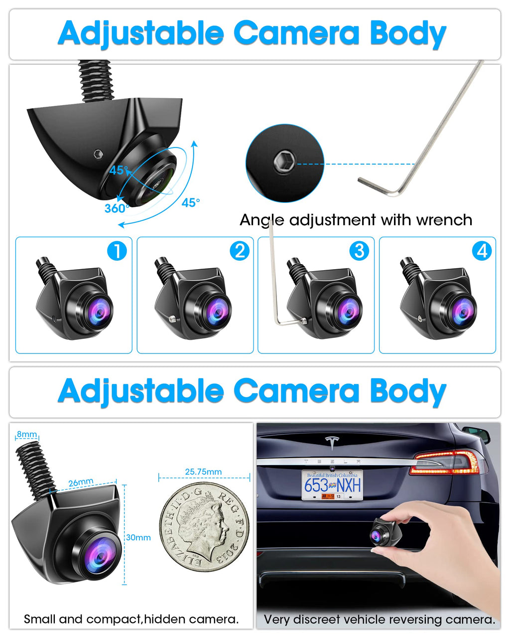 AHD 1080P Rückfahrkamera Auto Rückfahrkamera mit 360°+45° Einstellbares Objektiv Kabel Rückfahrkameras 170° Weitwinkel Universal NTSC Rückkamera Unterstützt 12–24V Frontkamera Auto für Vans LKW
