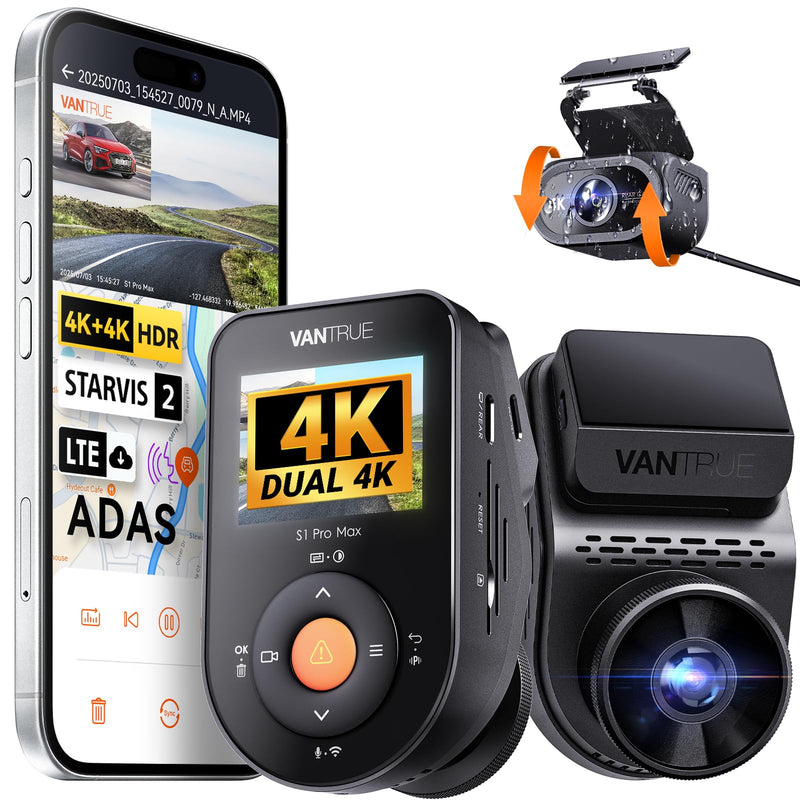 VANTRUE S1 PRO MAX 4K + 4K Dashcam Auto Vorne Hinten mit Dual STARVIS 2 Nachtsicht HDR, 24H Parkmodus Dash Cam, 5,8GHz WLAN GPS 360 Grad Auto Kamera, ADAS, LTE Optional, Sprachbefehl, 1TB Max