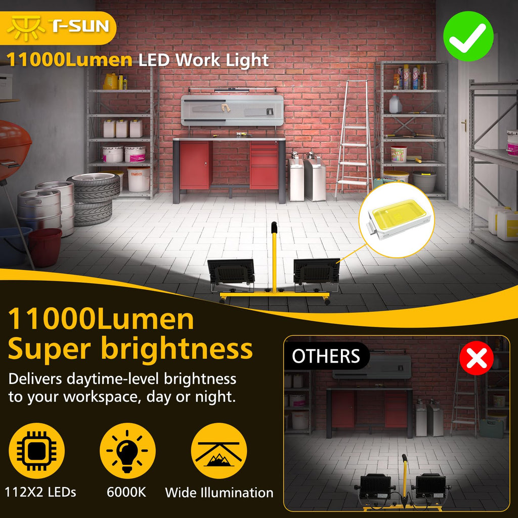 T-SUN 2x60W LED Baustrahler mit Stecker, 11000LM Baustellenstrahler mit 4M Kabel, IP66 Wasserdicht Arbeitsleuchte Baulampe, 6000K Kaltweiß LED Bauscheinwerfer für Baustelle, Werkstatt oder Keller