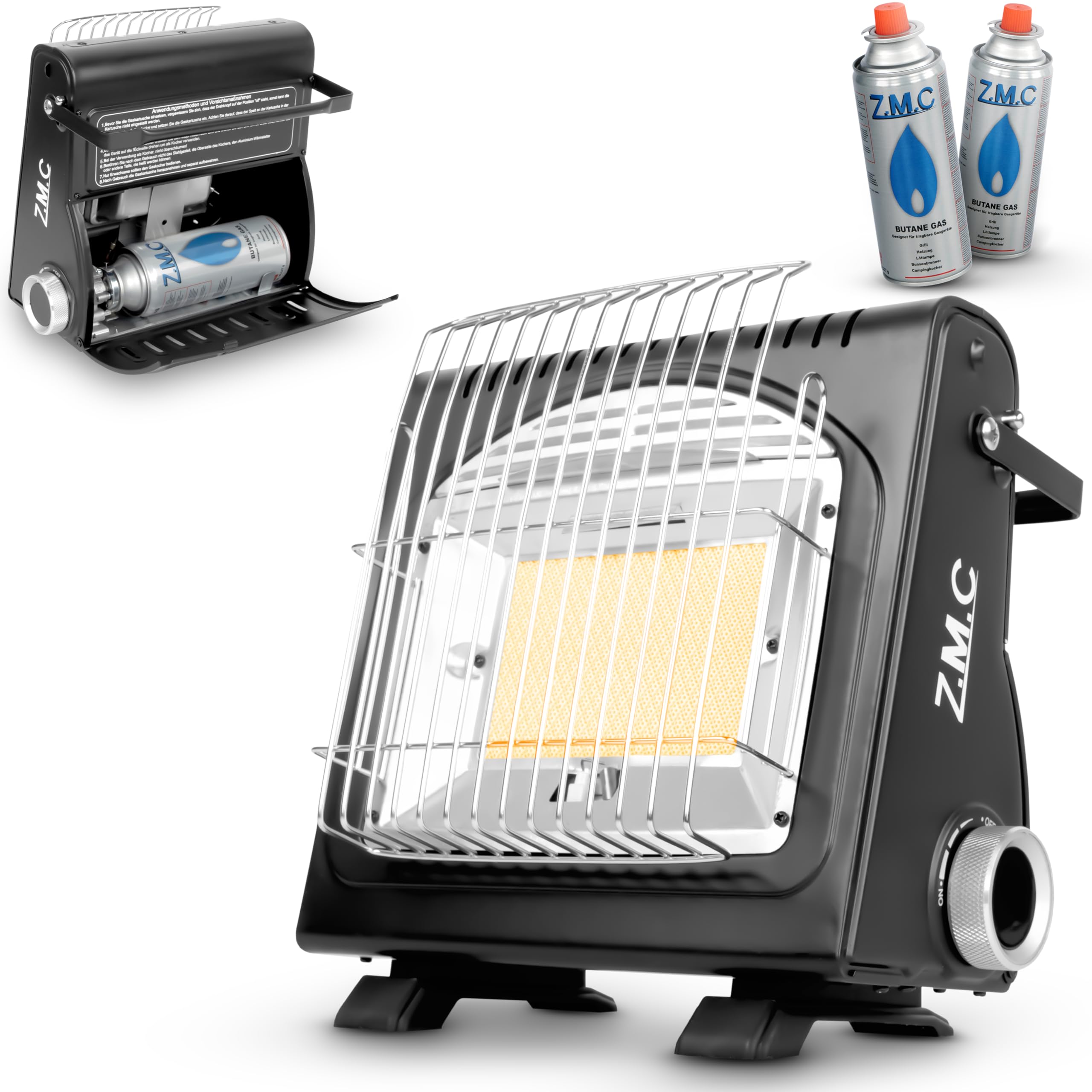 Z.M.C 2-in-1 Tragbare Gasheizung und Gaskocher + 16 Gaskartuschen 227g, multifunktionale Keramikheizung, Camping Heizung 1,7 kW, Gasheizer für Outdoor, Balkon, mobile Heizstrahler mit Piezozündung