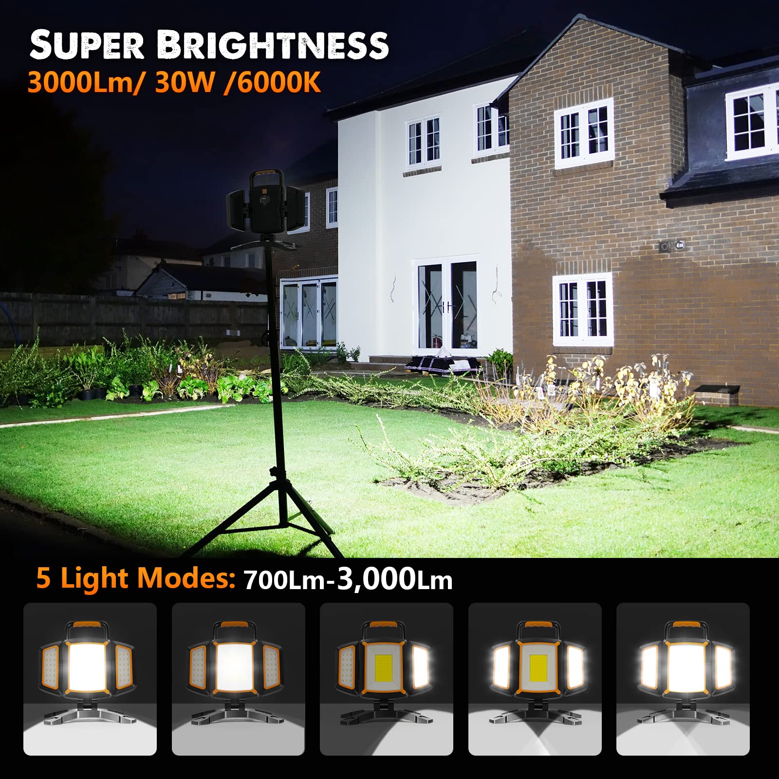 SYLSTAR LED Strahler Akku 30W, 3000LM Super Hell Baustrahler mit Magnet, 5 Lichtmodi und Powerbank, Drehbare Tragbare Wasserdichte Wiederaufladbare Arbeitsleuchte für Garage, Werkstatt