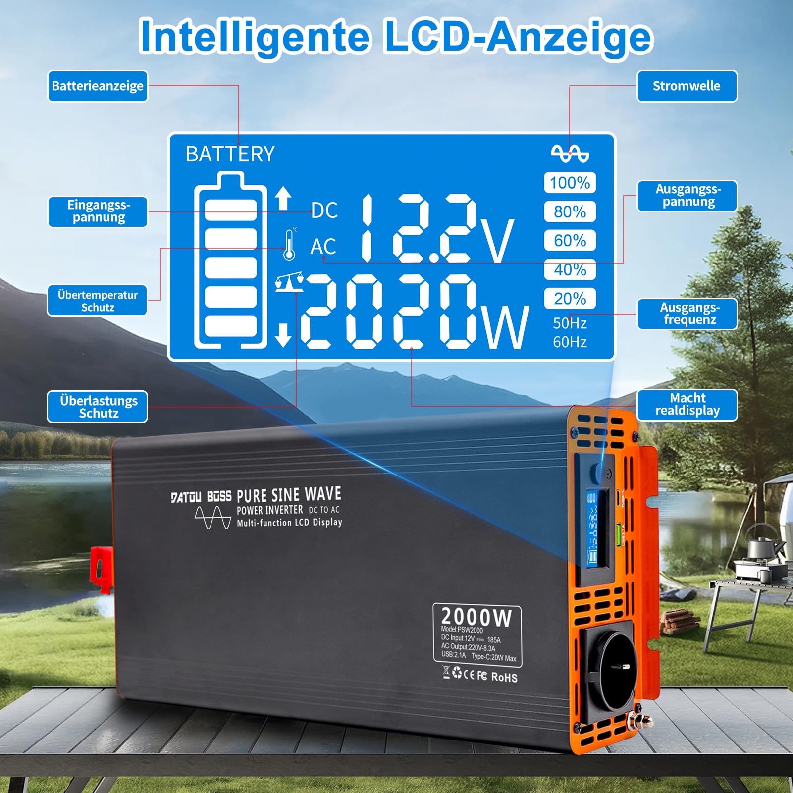 DATOUBOSS Wechselrichter 12v auf 230v 2000W/4000W Reiner Sinus Spannungswandler Power Inverter mit LCD-Bildschirm 1 Type-c und 1 USB Anschlüsse für Wohnmobil Auto