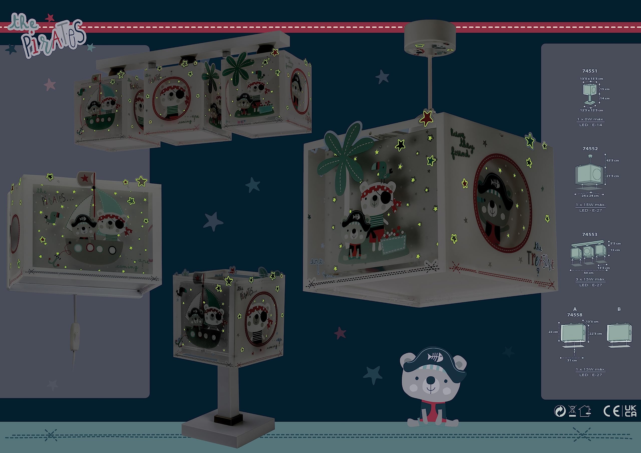 Dalber Kinder Tischlampe Nachttischlampe Piraten The Pirates Tiere, Grau, 14 x 14 x 29 cm