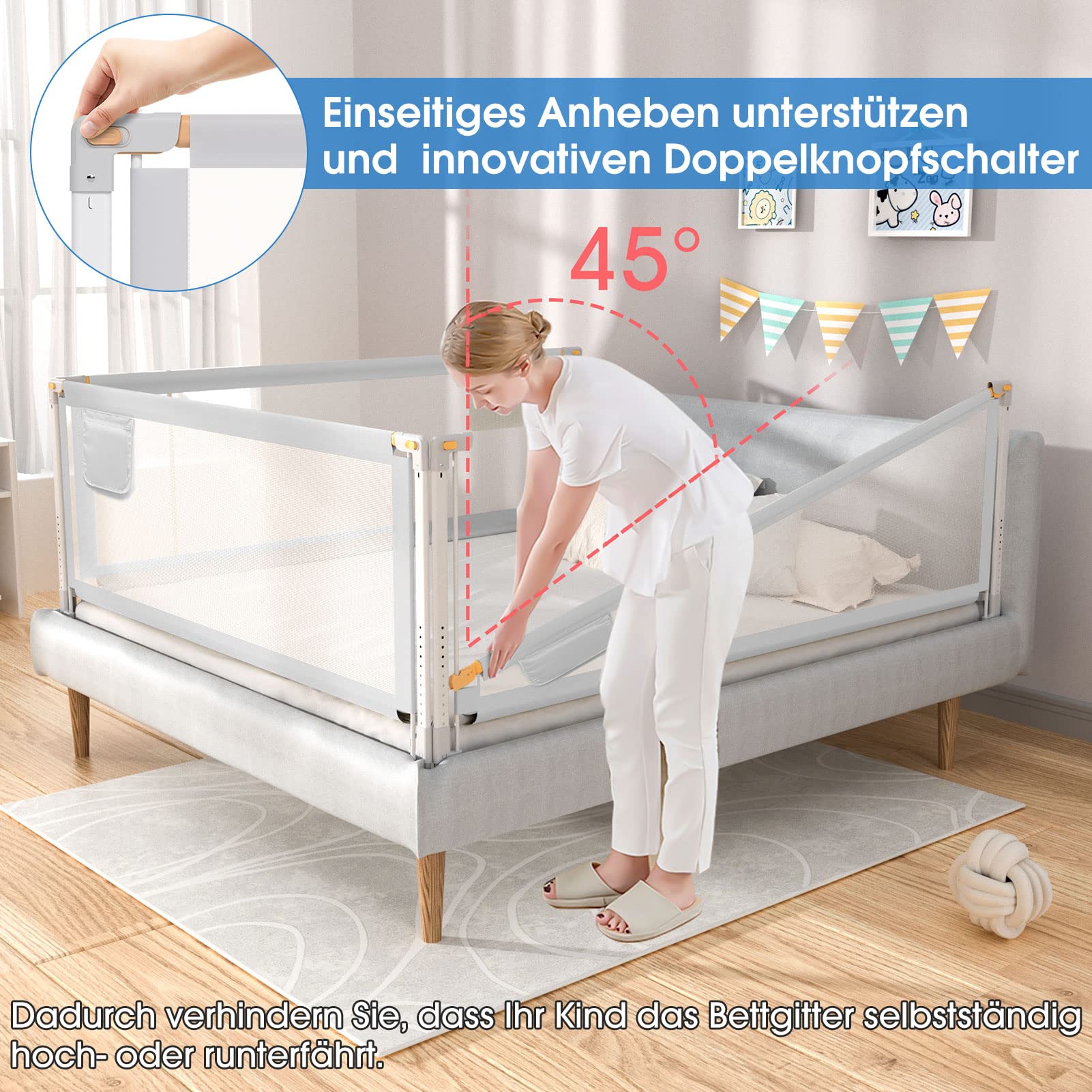 YIKANWEN Bettgitter, 200cm Bettschutzgitter für Kinder ab 0-10 Jahren, einziehbare Kinderbettgitter Babybettgitter,passend für Kinderbetten, Elternbetten und Alle Massivholzbetten（Nur 1 Stück）