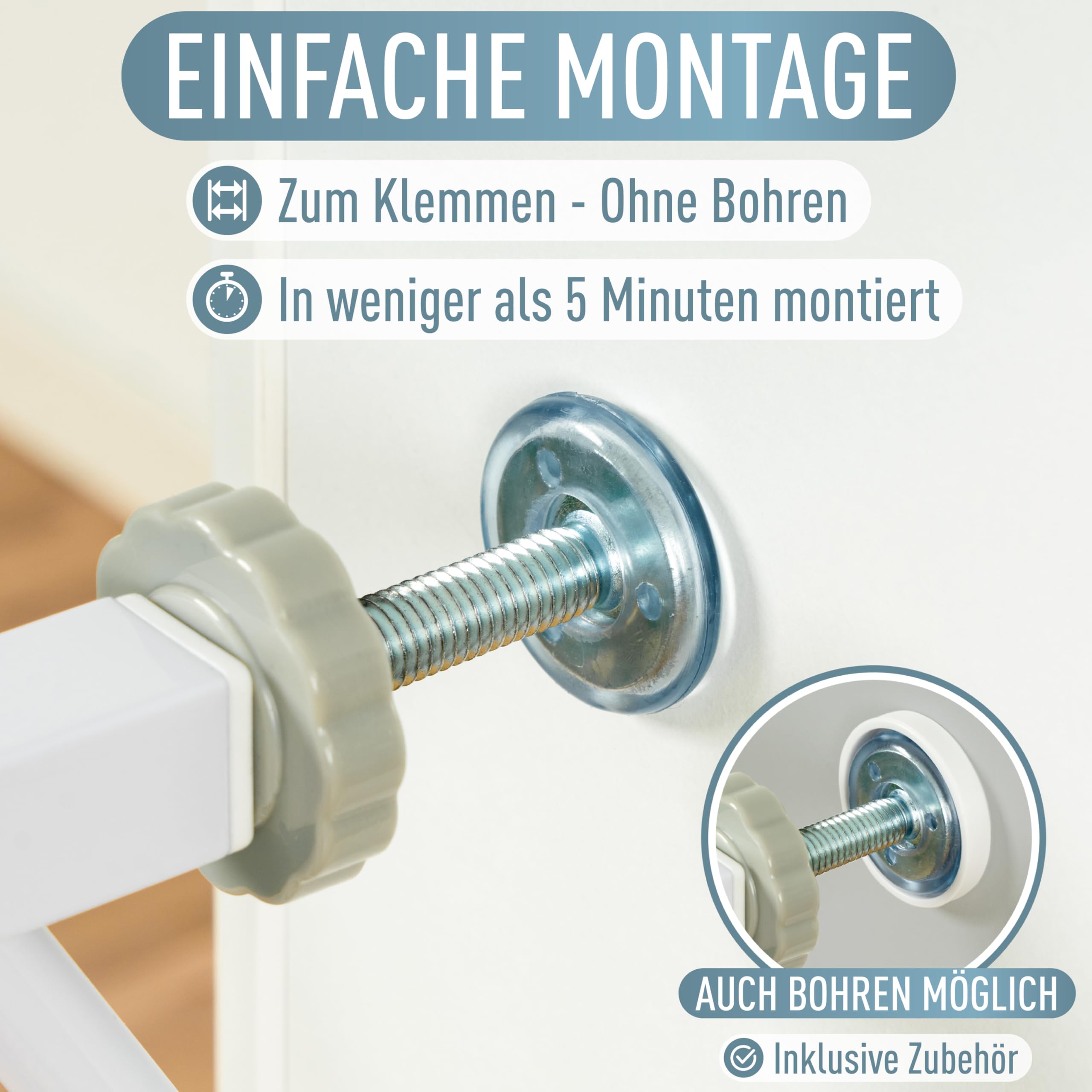 IB STYLE Türschutzgitter Berrin 105-115 cm - Treppenschutzgitter für Kinder, Klemmgitter für Hunde,Ohne Bohren, Weiß Grau