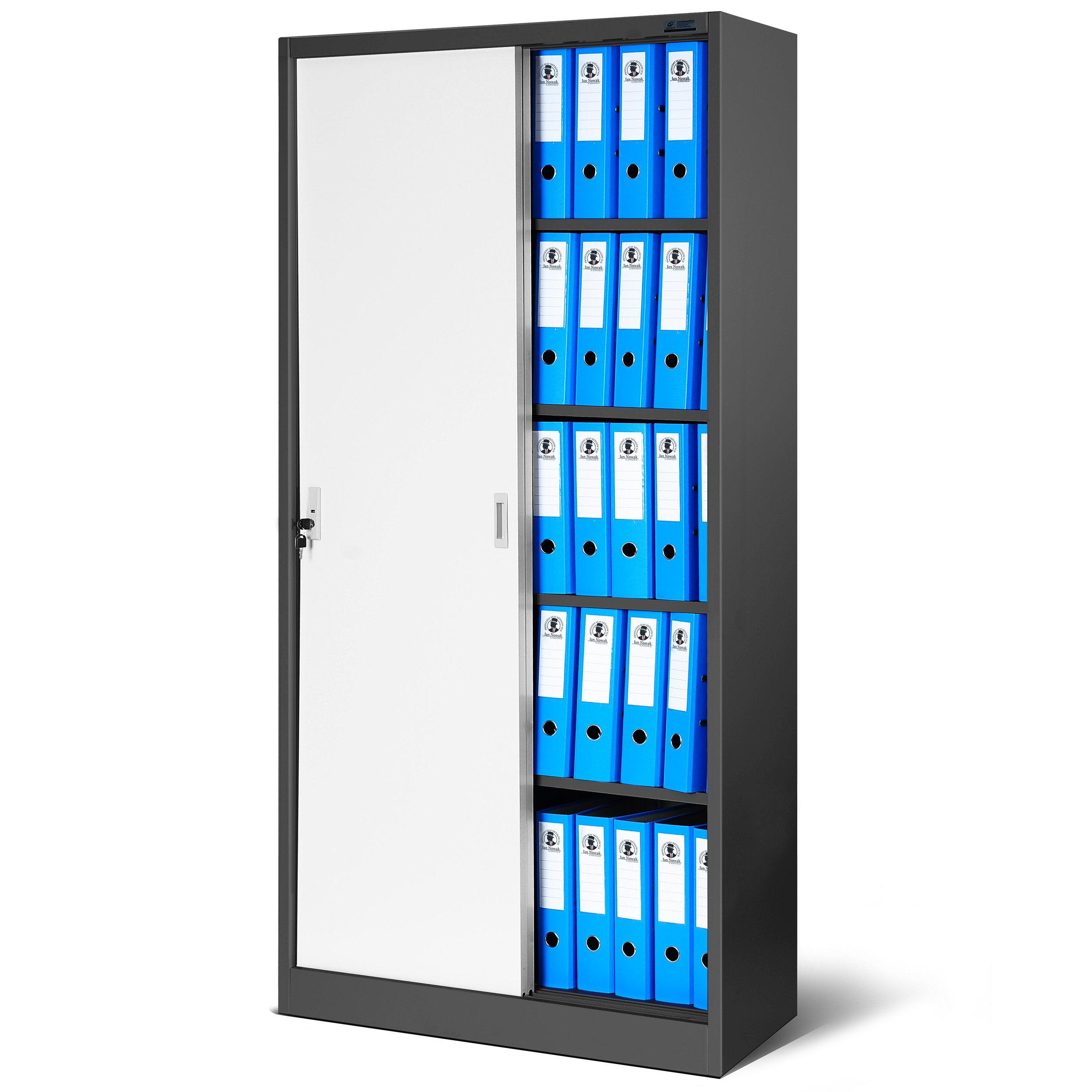 Jan Nowak Aktenschrank Büroschrank mit Schiebetüren Metall 4 Fachböden Pulverbeschichtung Abschließbar 185 cm x 90 cm x 40 cm (Anthrazit-Weiß)