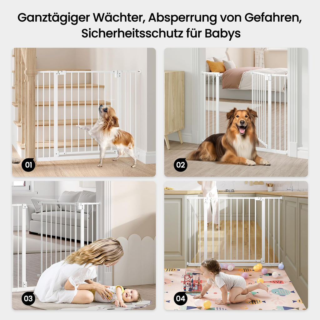 WOLTU Treppenschutzgitter 75–87 cm, Türschutzgitter aus Metall, mit/ohne Bohren, Auto-Close, 90°-Stopp, beidseitig schwenkbar, 2 Riegel, einhändig zu öffnen,Weiß