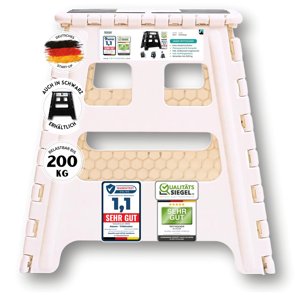 VERGLEICHSSIEGER - Alason® Tritthocker Klappbar 39 cm, Belastbar bis 200 kg – Mit Aufhängehaken & Aufbewahrungstasche – Platzsparender, Faltbarer Hocker in Weiß/Beige für Zuhause, Küche, Bad & Garage
