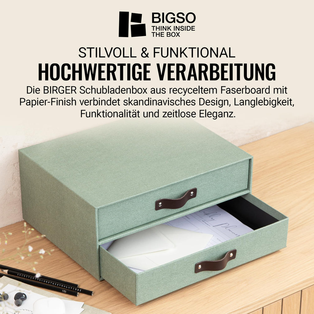 BIGSO BIRGER Schubladenbox – Aufbewahrungsbox mit 2 Schubladen – Schreibtisch Ablage für Dokumente & Bürobedarf – Ablagesystem aus recycelter Faserplatte und Papier – mintgrün