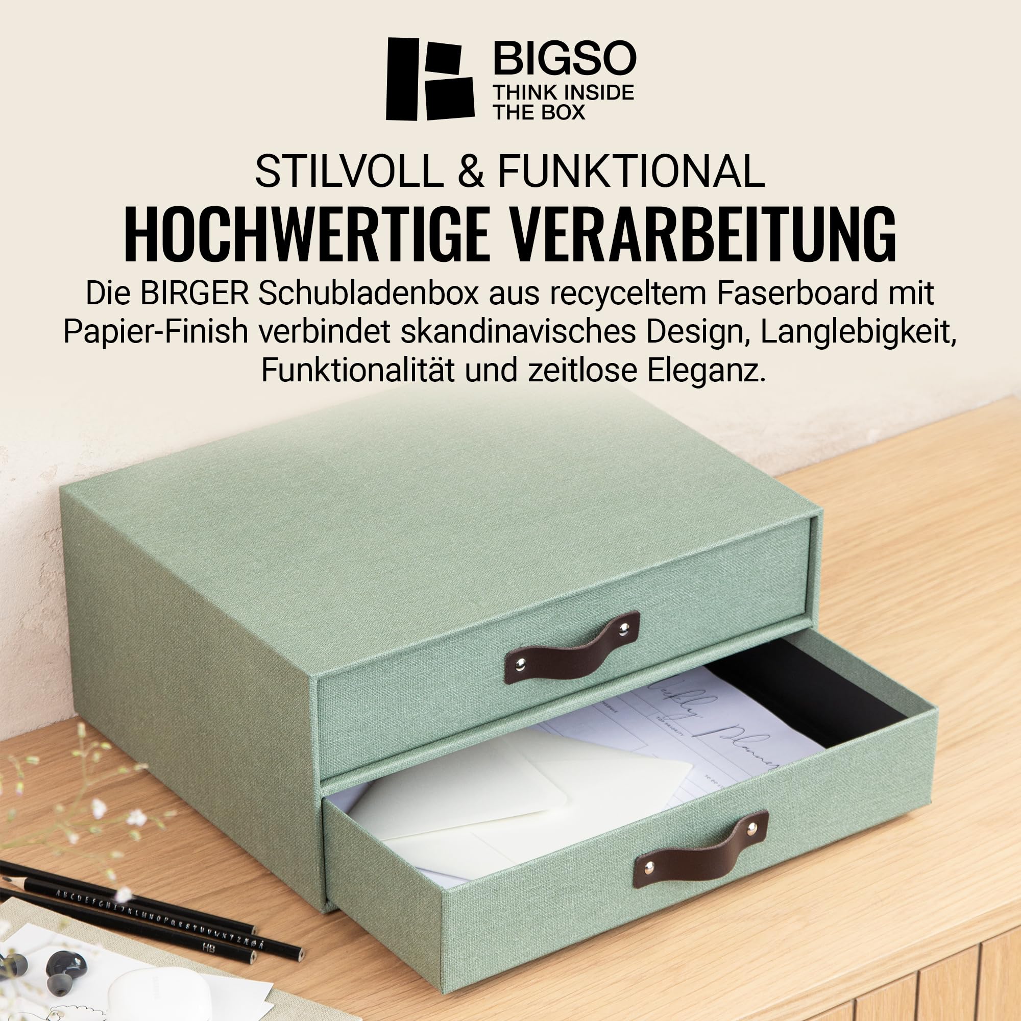BIGSO BIRGER Schubladenbox – Aufbewahrungsbox mit 2 Schubladen – Schreibtisch Ablage für Dokumente & Bürobedarf – Ablagesystem aus recycelter Faserplatte und Papier – mintgrün