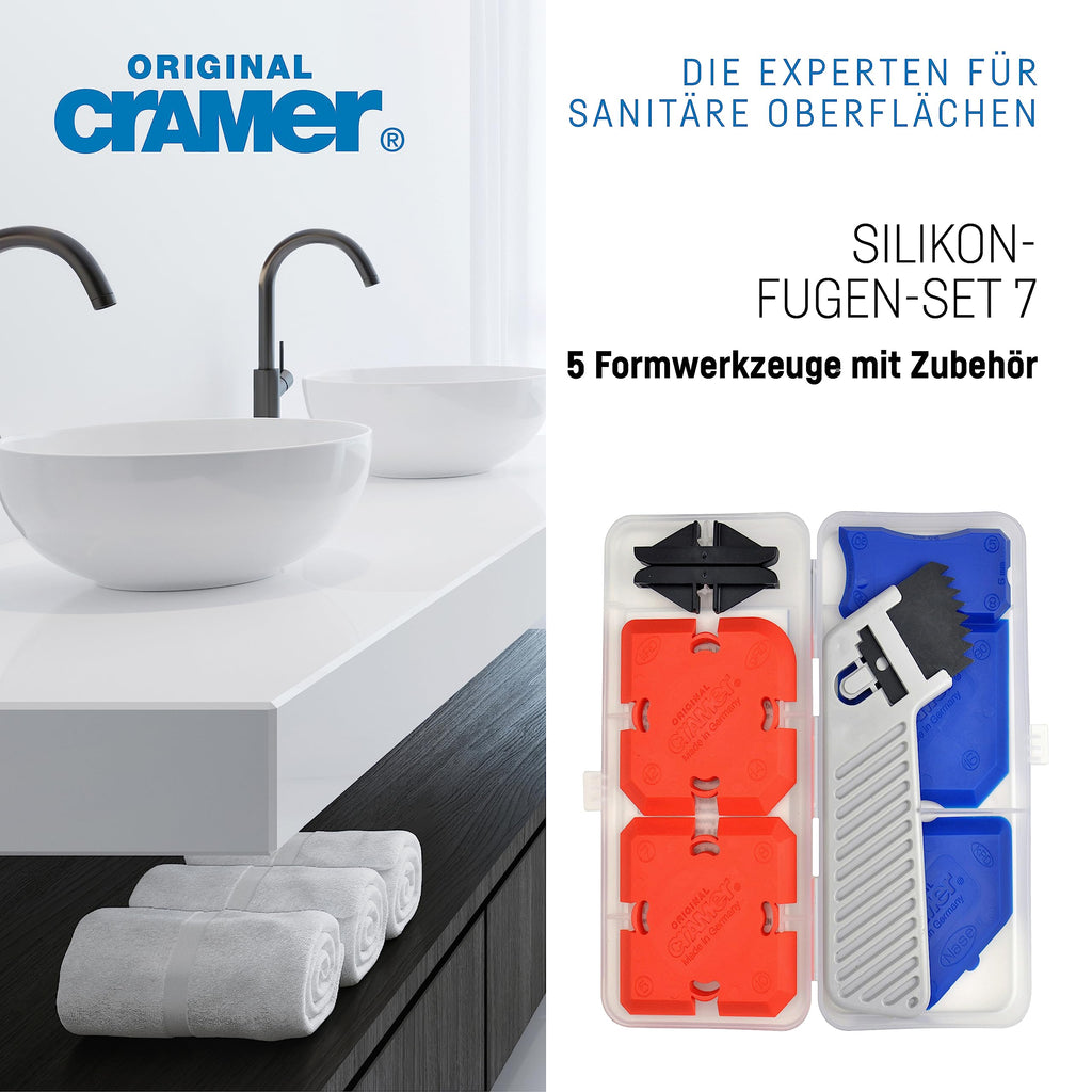 Cramer® Silikon Fugen-Set 7 I Zum Neuverfugen & Entfernen in Küche & Bad I Fugenglätter mit 16 Profilvarianten & Gleitschiene für alle Dichtungsmassen