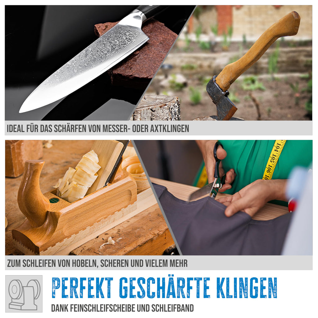 Güde Kombischleifer GKS 150-25 (250 W, 2980 1/min, Kondensatormotor, stabiler Maschinenfuß, Funkenschutzeinrichtung einstellbar, Feinschleifscheibe ø 150 mm 36 K, Schleifband 50x686 mm 80 K)
