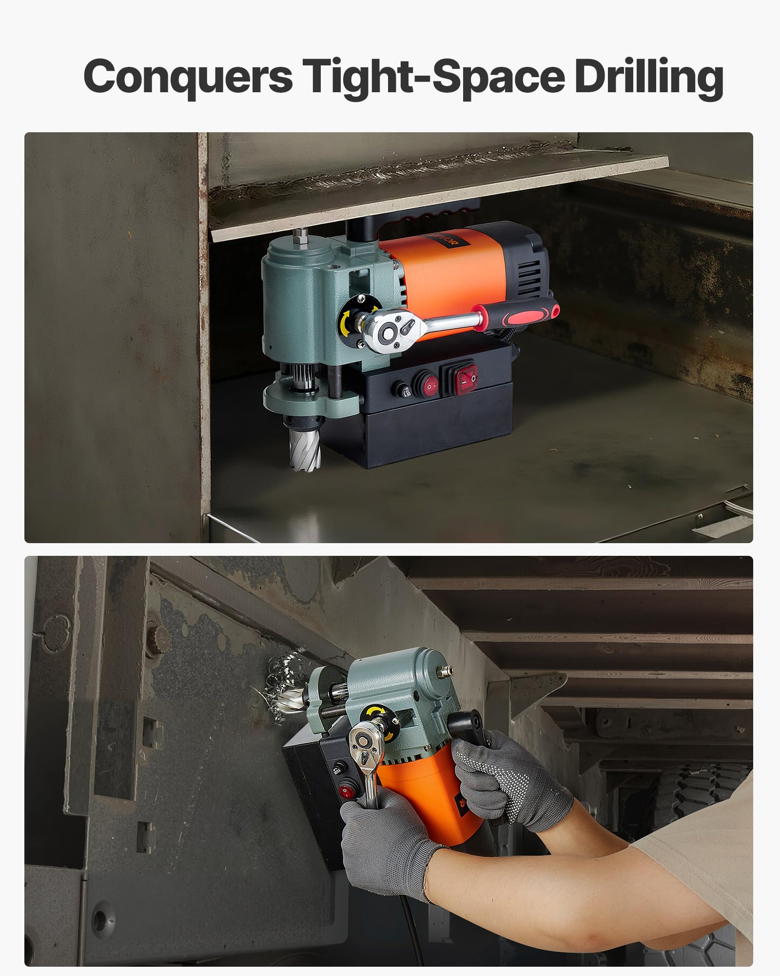 VEVOR Magnetbohrmaschine mit niedrigem Profil, 1300 W, 35 mm Bohrdurchmesser, 10000 N Leistung, tragbare Magnetbohrmaschine mit Weldon-Schaft, für Metalloberflächen Industrie Heimwerker