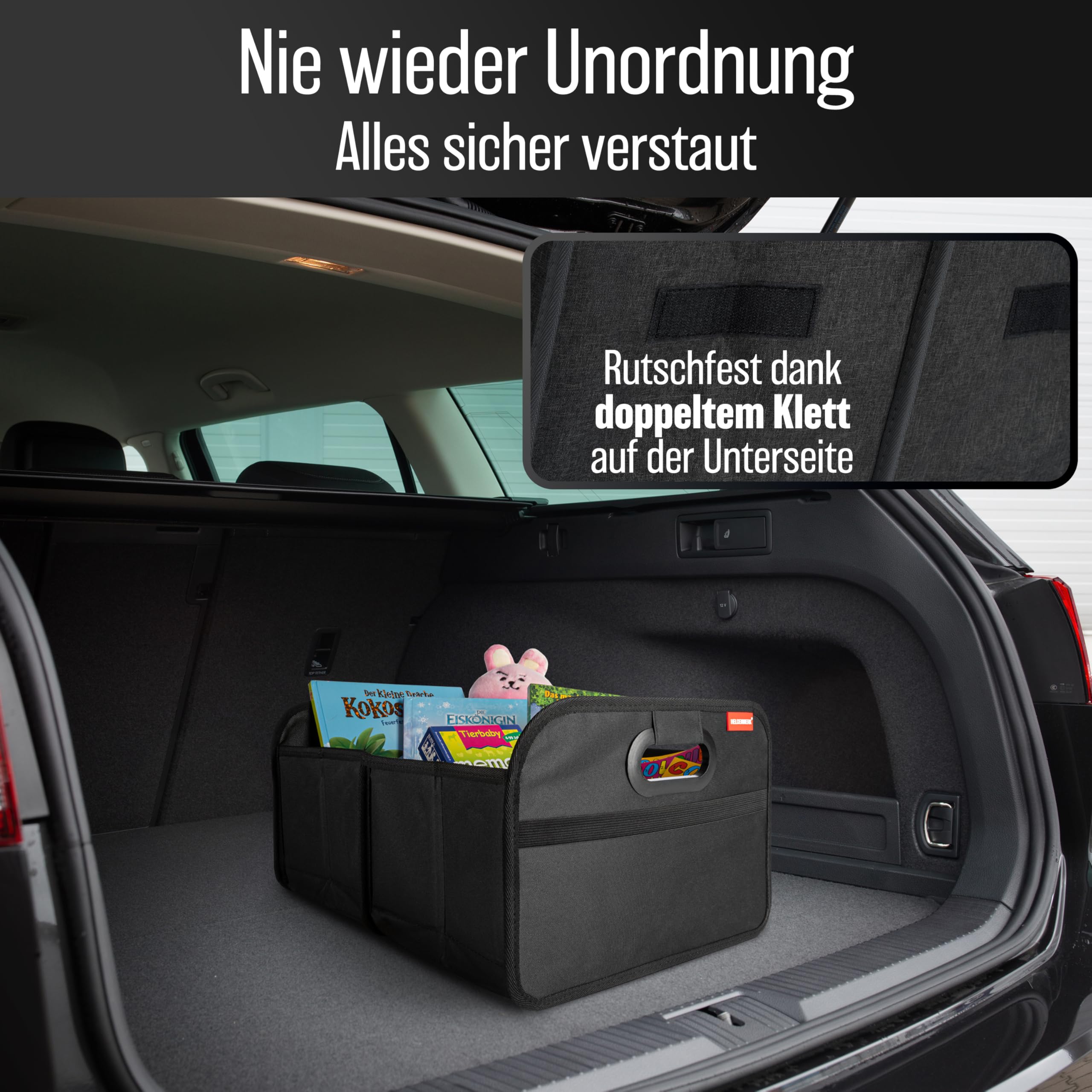 HELDENWERK Kofferraumtasche faltbar mit Anti-Rutsch-Klett - Kofferraum-Organizer, Auto Faltbox, Einkaufstasche - verstärkt und stabil