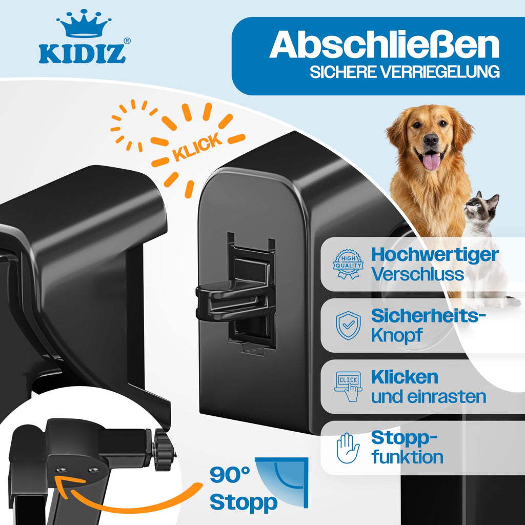KIDIZ Treppenschutzgitter ohne Bohren | Verstellbare Breite: 88-94 cm, 75 cm hoch, Türschutzgitter und Absperrgitter für Kinder und Hunde, Beidseitige Einhand Öffnung, 90° Open-Stop System, Schwarz