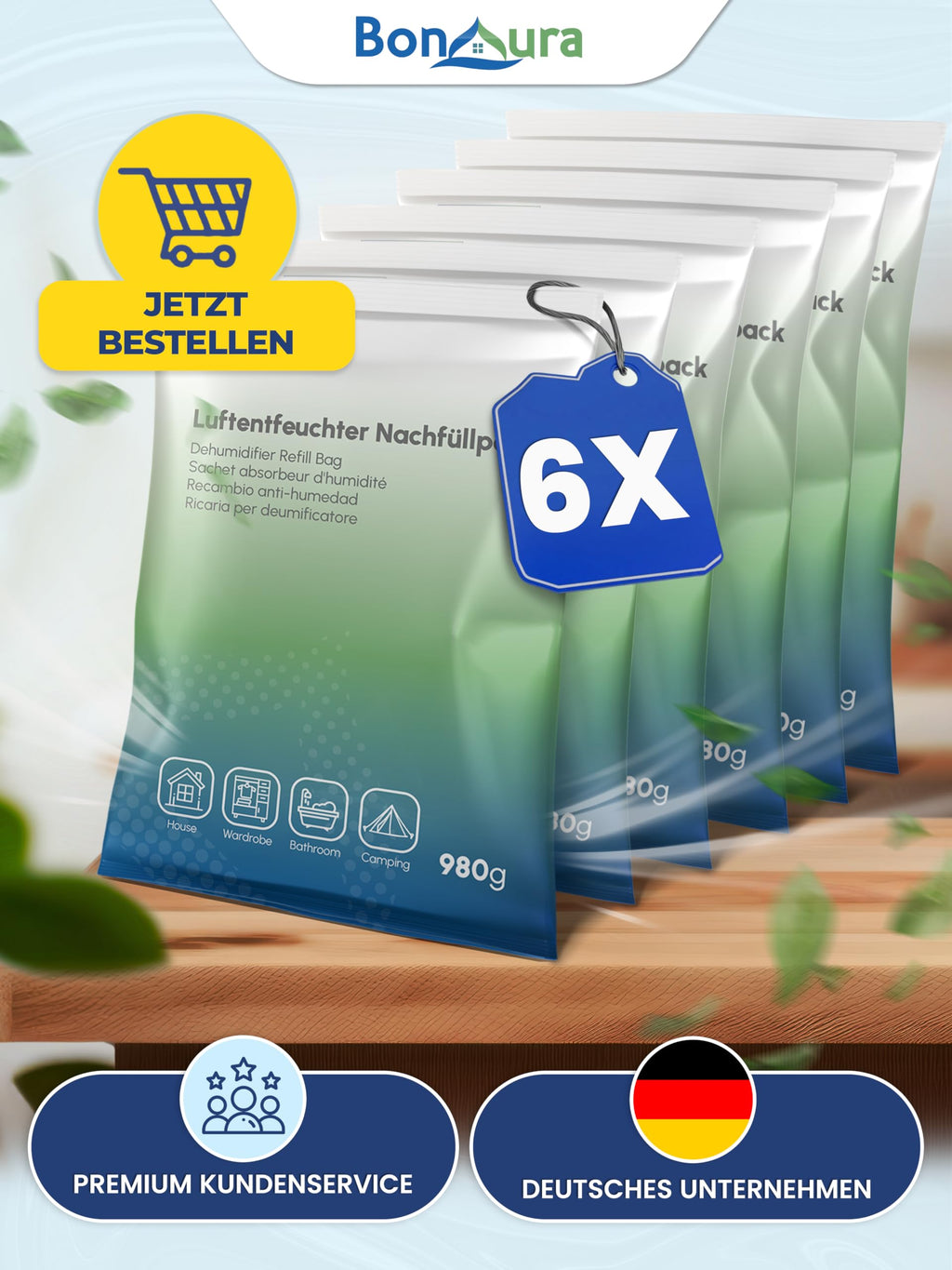 BonAura® Luftentfeuchter Nachfüllpack 6x 680g - Sparset Luftentfeuchter Granulat - 6er Set Entfeuchter Granulat - Schimmel- und Geruchsschutz