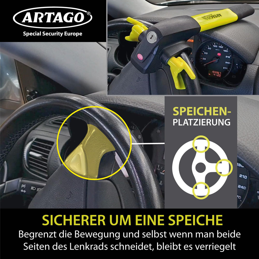 ARTAGO 870 Hochwertige Lenkradkralle 2in1 Ohne/Mit Alarm 120dB+LED, Sicherer und Abschreckender Lenkradsperre um die Lenkradspeiche, Fortschrittlichste Lenkradschloss zur Auto-Diebstahlsicherung