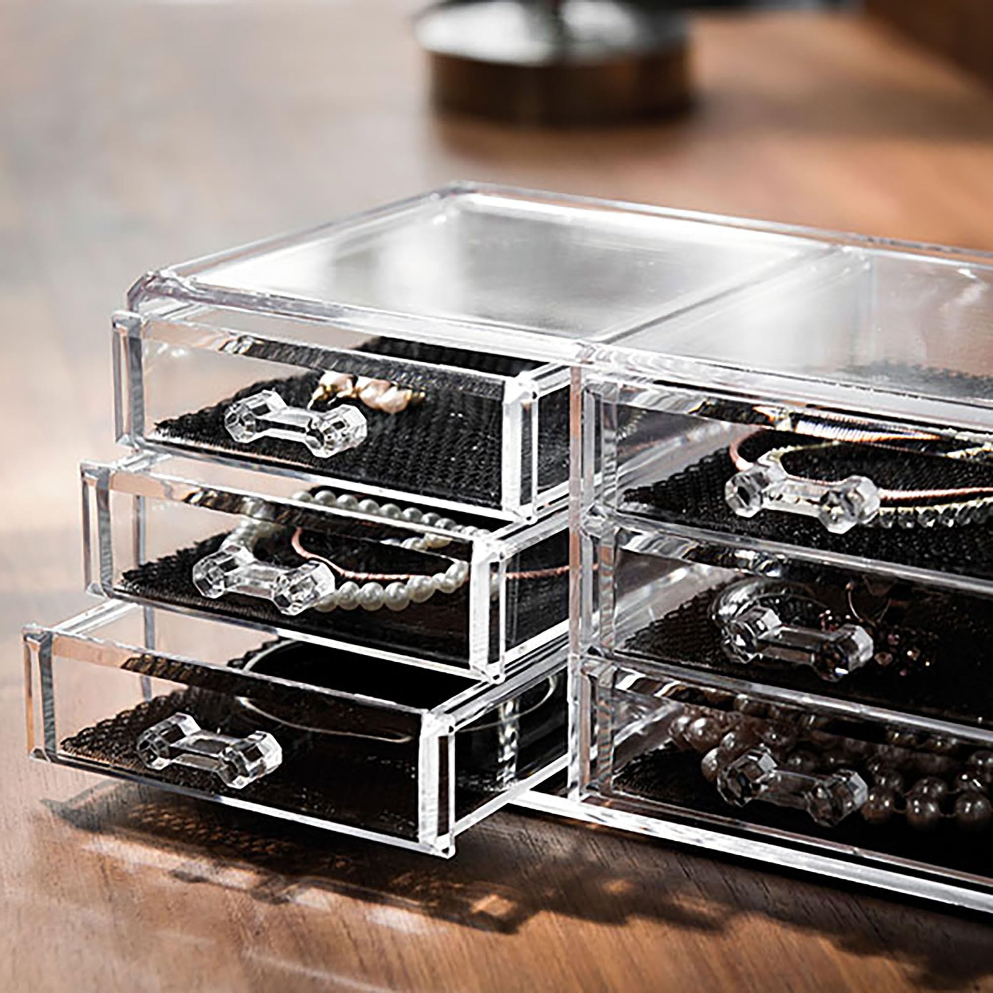 Compactor RAN6044 Make-up- und Schmuck-Aufbewahrungsbox mit 6 Schubladen, transparent, Polystyrol und Stoff, 23,8 x 15 x Höhe 11 cm