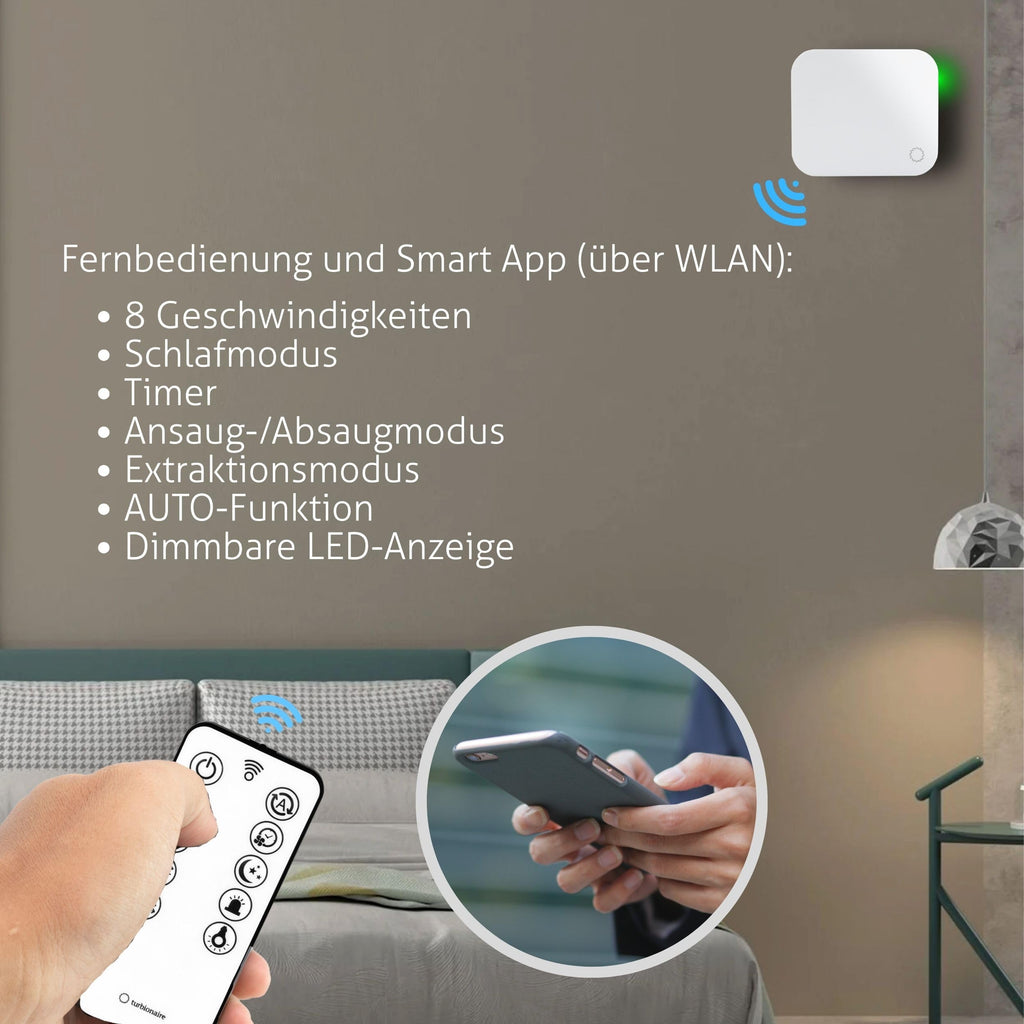 Turbionaire Trend HRV 150 WMW Dezentrale Wohnraumlüftung mit Wärmerückgewinnung (VMC), WiFi, Feuchtigkeitssensor, Fernbedienung, 8 Lüftungsstufen, 3 Jahre Garantie,158 mm, Timer
