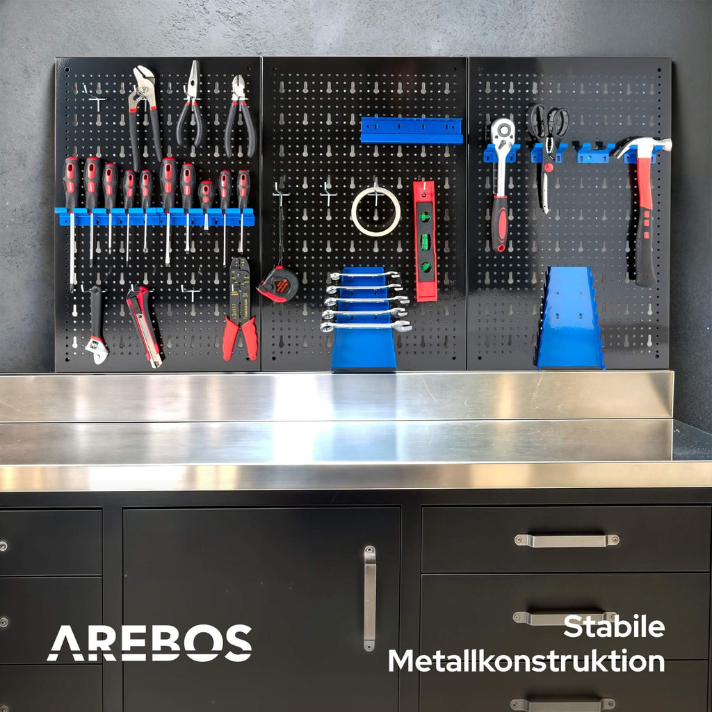 Arebos Werkzeugwand 3-teilige Lochwand Werkstatt | 17-teiliges Hakenset & Halterungen | 117,6 x 59,5 x 2 cm | Werkzeuglochwand aus Metall für Werkstatteinrichtung inkl. Montagematerial | Blau