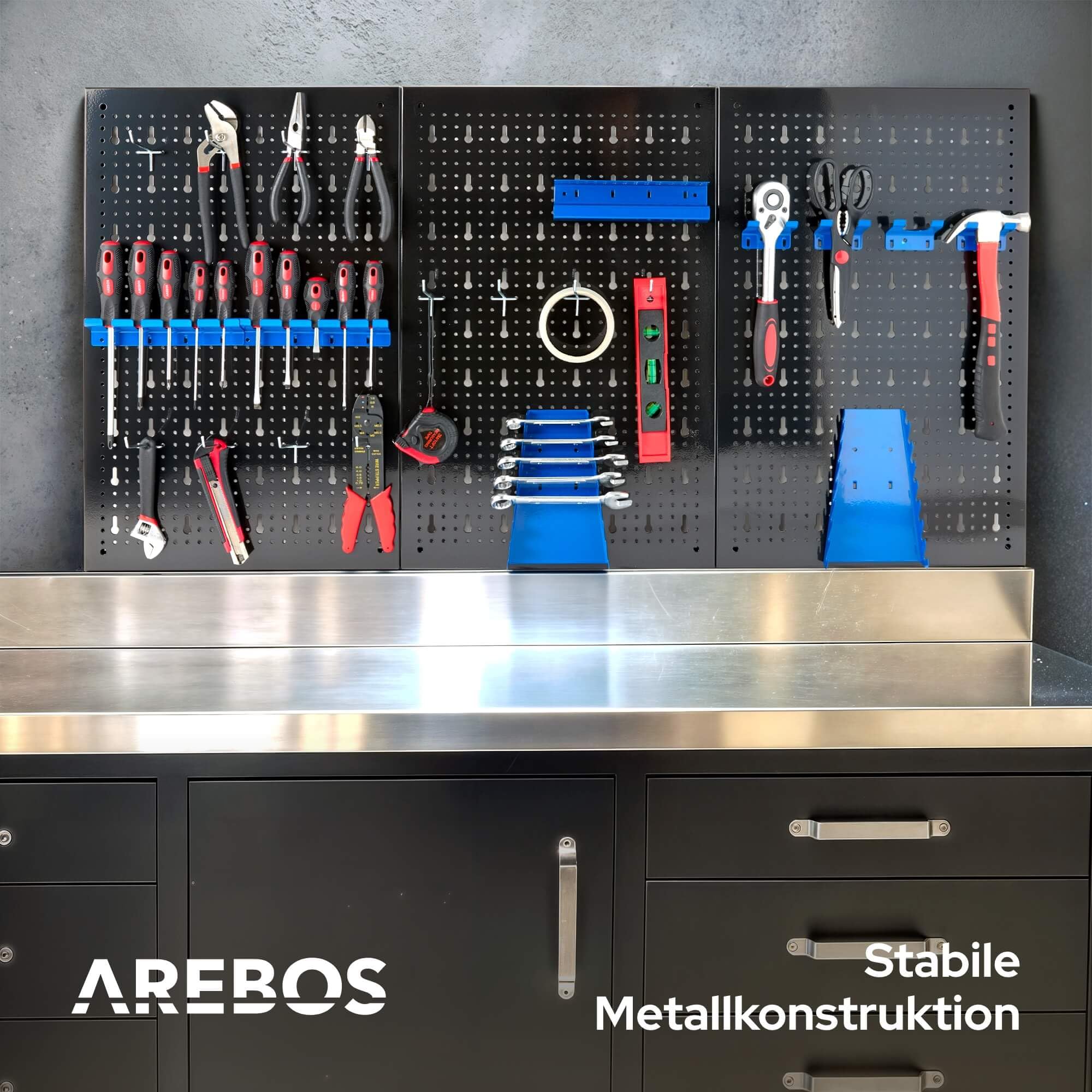 Arebos Werkzeugwand 3-teilige Lochwand Werkstatt | 17-teiliges Hakenset & Halterungen | 117,6 x 59,5 x 2 cm | Werkzeuglochwand aus Metall für Werkstatteinrichtung inkl. Montagematerial | Blau