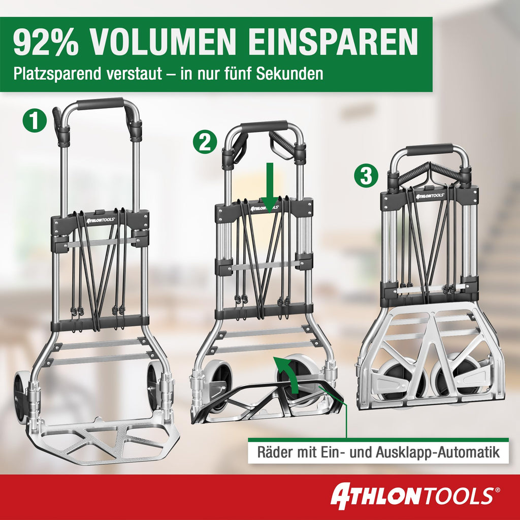 ATHLON TOOLS Schwerlast-Sackkarre klappbar 150 kg TÜV geprüft – Aluminium, große kugelgelagerte Räder mit Soft-Laufflächen, 2 Expanderseile