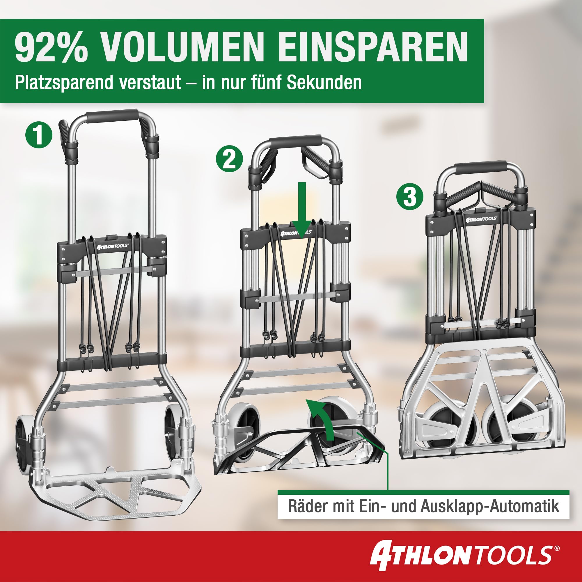 ATHLON TOOLS Schwerlast-Sackkarre klappbar 150 kg TÜV geprüft – Aluminium, große kugelgelagerte Räder mit Soft-Laufflächen, 2 Expanderseile