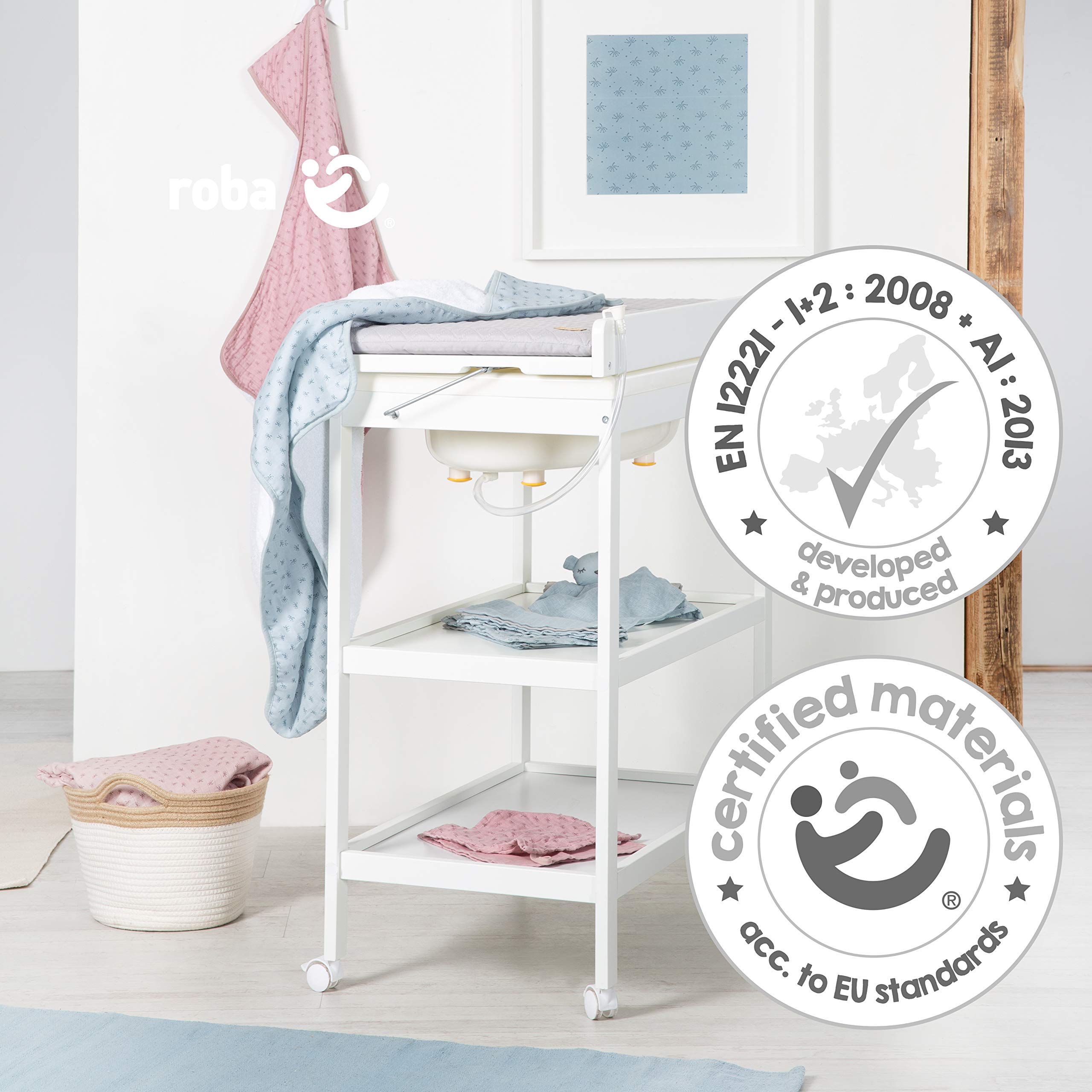 roba Bade Wickel Kombination + Wickelauflage Style grau - Mobiler Kombi Wickeltisch mit integrierter Badewanne - mit schwenkbarer Wickelfläche - Holz weiß