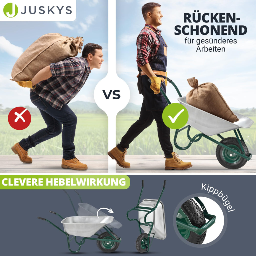 Juskys Schubkarre 100L, 210 kg – mit verzinkter Wanne, Luftreifen & Metall Felge, stabile Garten Schubkarre & Schiebkarre – Transportkarre Garden Silber