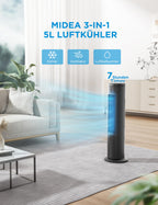 Midea Turmventilator mit 5L Wasserkühlung | Luftkühler mobil | Mobile Klimaanlage ohne Abluftschlauch | Verdunstungskühler, 3 Geschwindigkeitsstufen,75° Schwenkfunktion, 7h Timer, Leiser