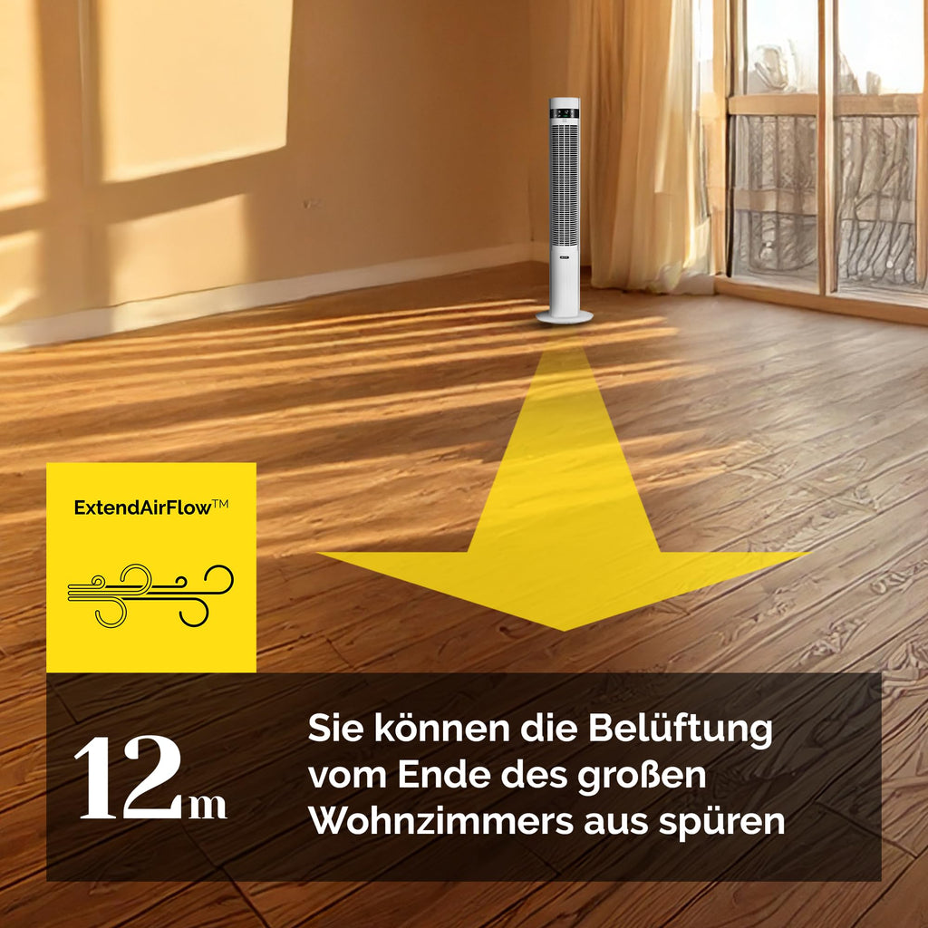 YOER 19dB Leiser Turmventilator, Plasma-Ionisator, 12 m Reichweite, 12 Geschwindigstufen, 3 Modi, 12 Std. Timer, 80° Oszillation, Fernbedienung, CoolWhisper TF07W, weiß