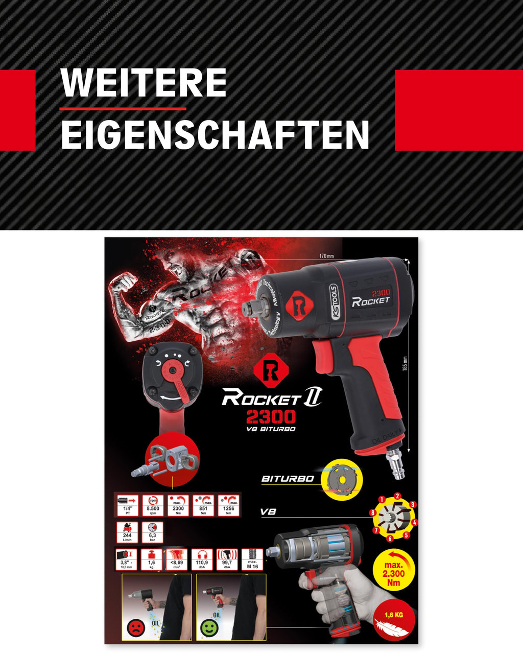 KS Tools Schlagschrauber Druckluft ROCKET II 1/2" 512.0002 2300Nm I Druckluft Schlagschrauber mit 8-Lamellen Luftmotor & Hochleistungs-Doppel-Hammer-Schlagwerk