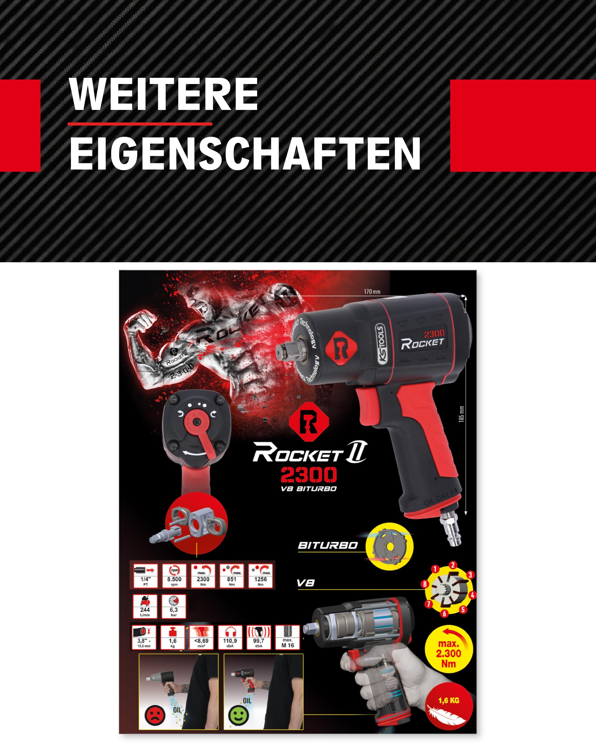 KS Tools Schlagschrauber Druckluft ROCKET II 1/2" 512.0002 2300Nm I Druckluft Schlagschrauber mit 8-Lamellen Luftmotor & Hochleistungs-Doppel-Hammer-Schlagwerk