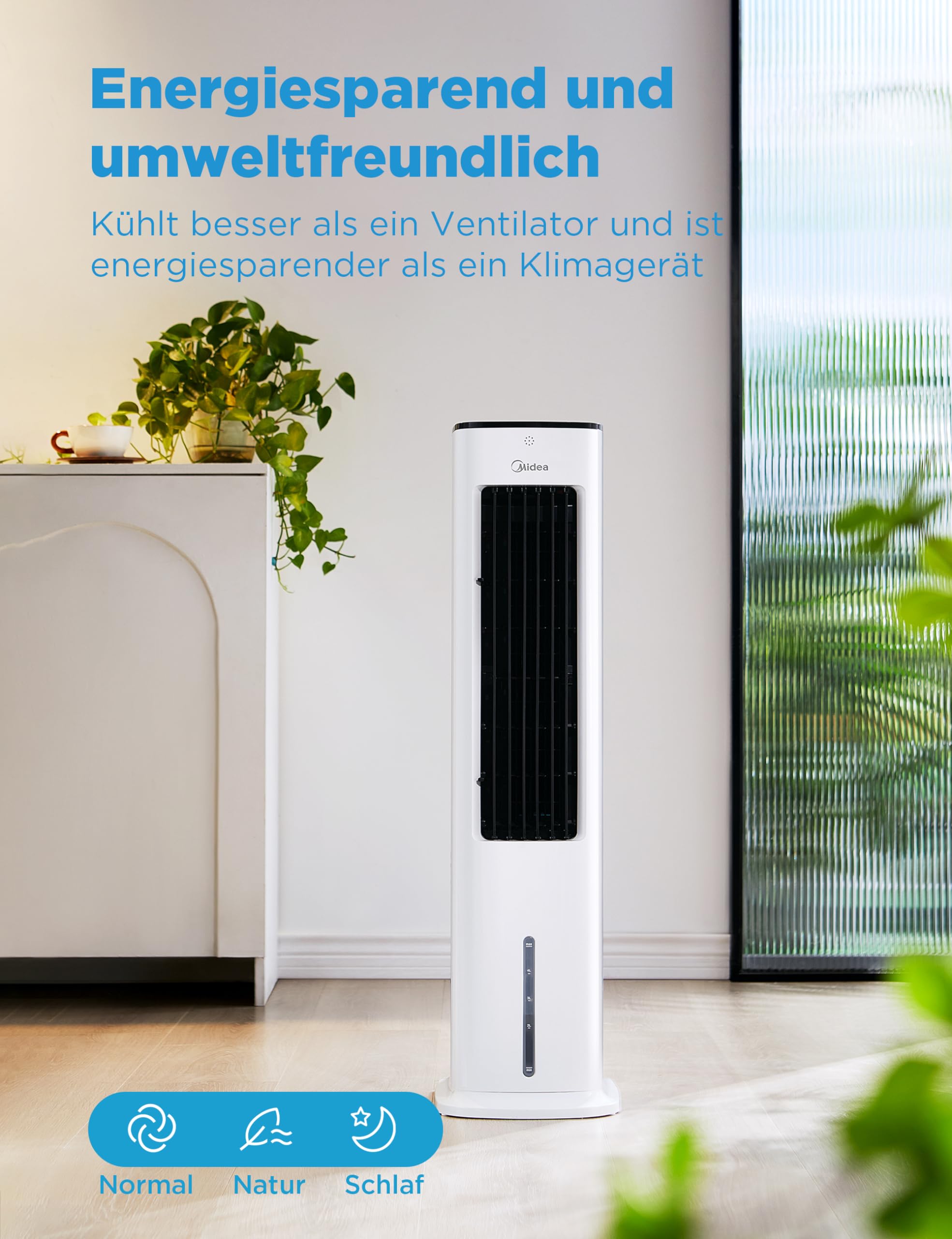 Midea Silent Air Cooler Pro 4-in-1 Mobile Klimaanlage Leiser:Luftkühler,Turmgebläse,Luftbefeuchter und Luftreiniger,mit Fernbedienung,5L Wassertank,355m³/h Luftdurchsatz,55W,LED-Display,Timer,Weiß