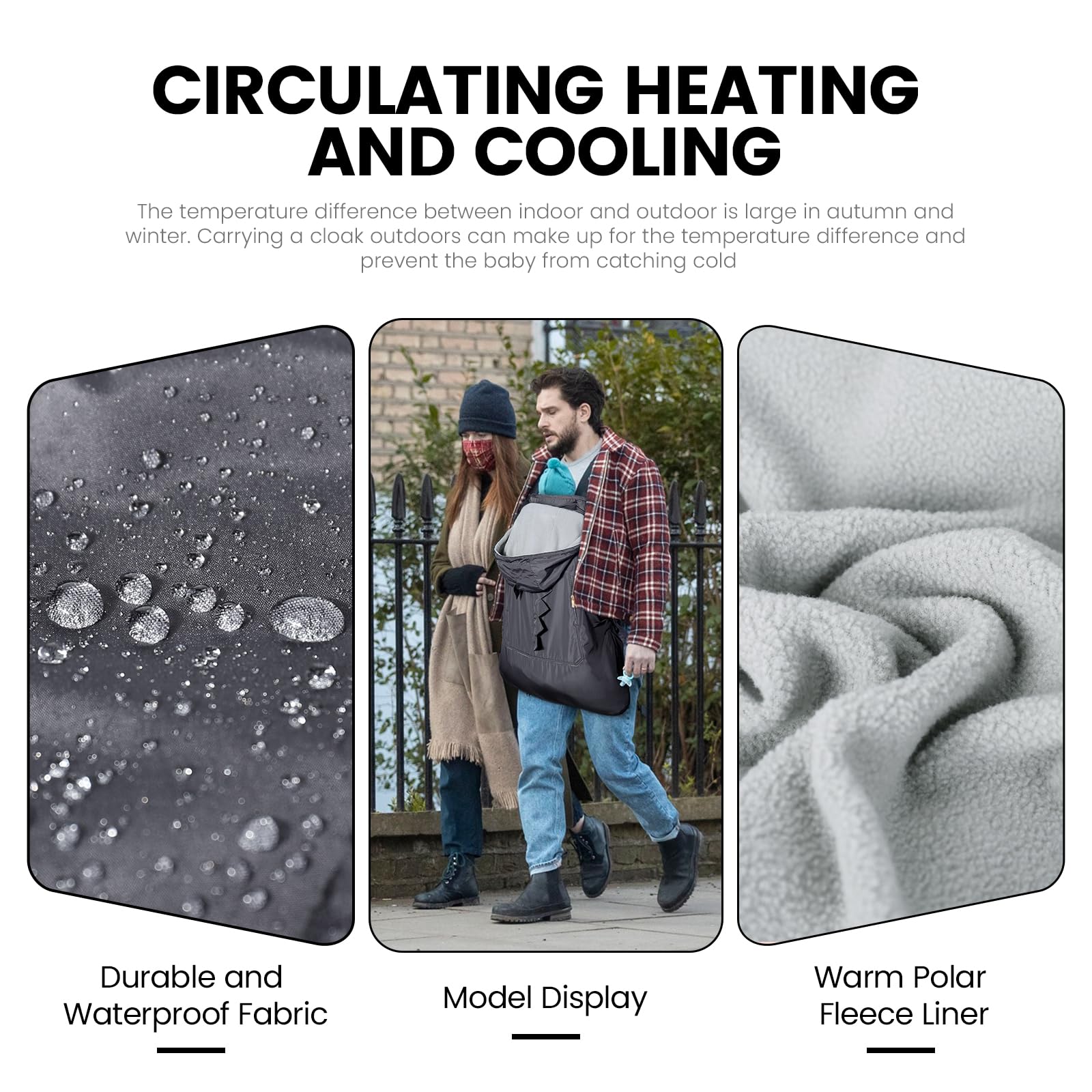 Orzbow Tragecover Babytrage Winter, Universal Wintercover Babytrage, Regenschutz Babytrage mit Aufbewahrungstasche, Abnehmbares Oberteil, Polarfleece-Futter, Wasserdichte, Dunkelgrau-Dino