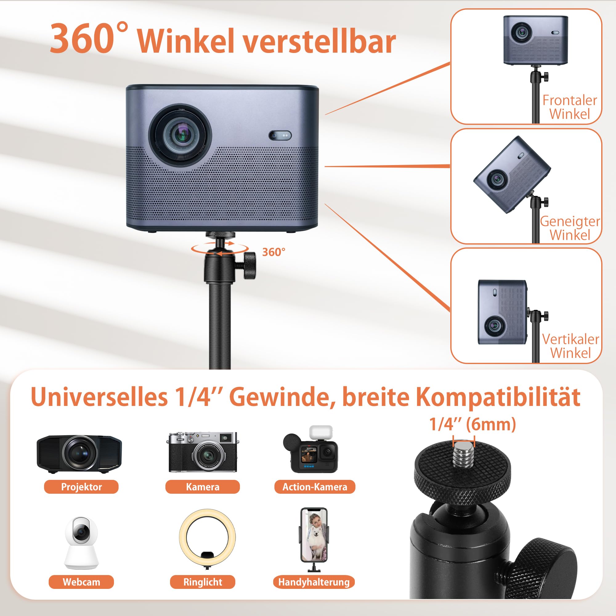 POLESTO Beamer ständer Projektor Halterung, Beamer Halterung Höhenverstellbar von 90-126cm mit 360°Winkelrotation, Platzsparend, Tragkraft bis zu 5kg, Kompatibel mit Beamern, Kameras, Handyhalterungen