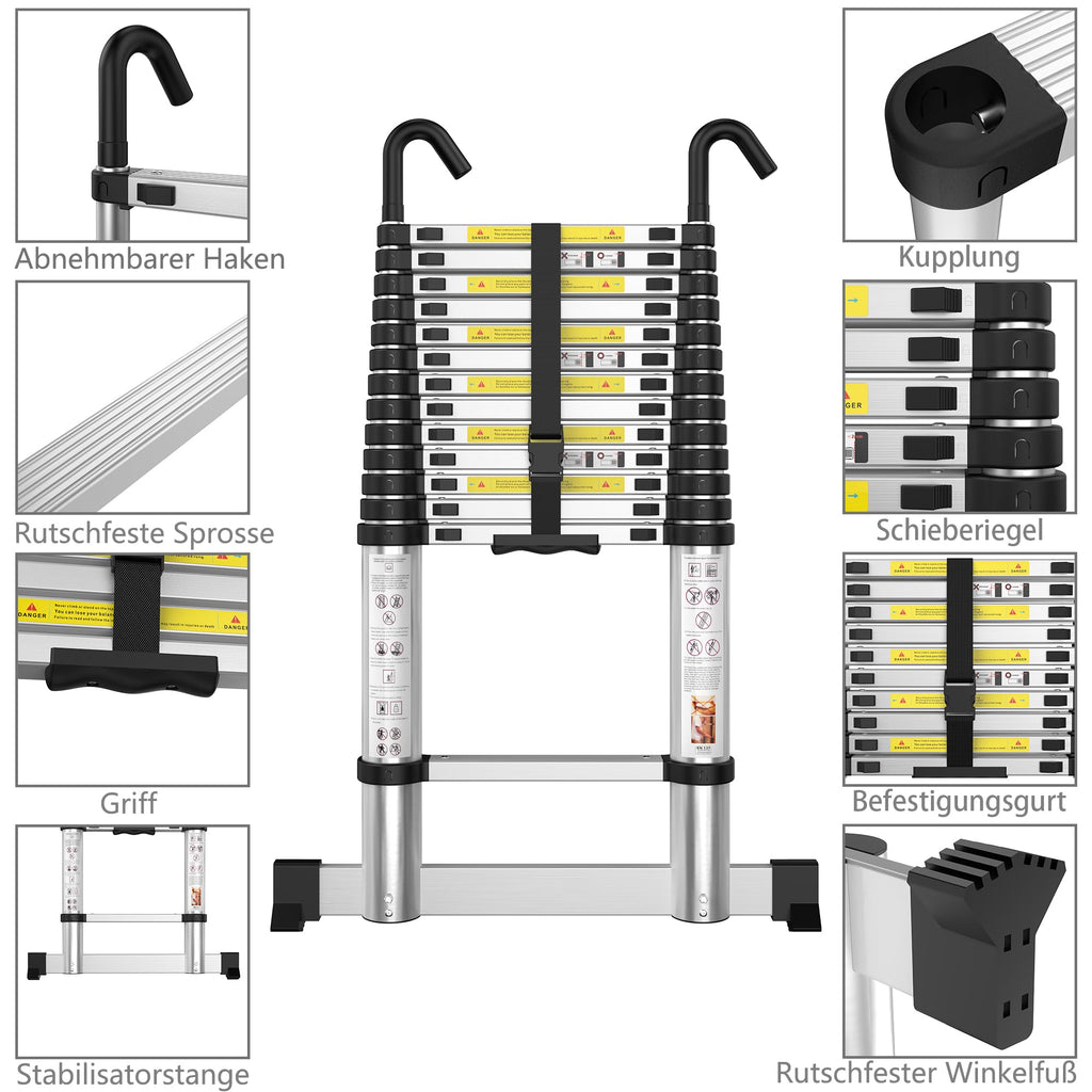 gymount Aluminium Teleskopleiter 3,8 m, Leiter Ausziehbar mit Stabilisator und Abnehmbaren Haken, Klappleiter, Mehrzweckleiter, Stehleiter, Haushaltsleiter, Außenleiter, 150 kg Belastbarkeit