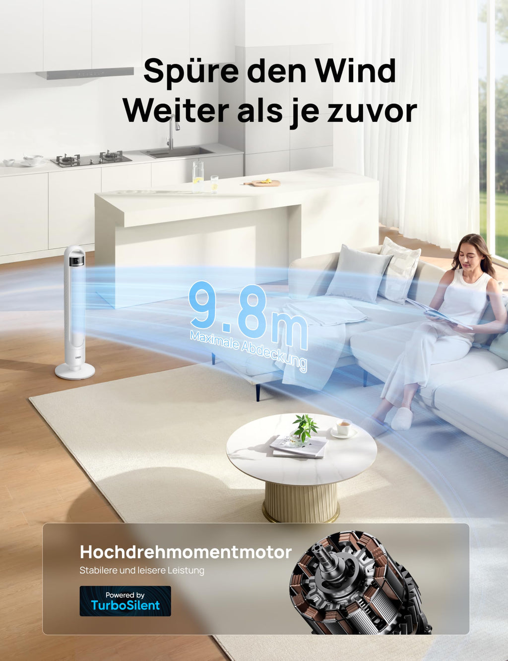 Dreo 23dB Leiser Turmventilator, Ventilator mit Kühlung, Fernbedienung für Schlafzimmer, Tower Fan mit 4 Geschwindigkeiten, 3 Modi, 9,8 m Windreichweite, 8H Timer, 90° Oszillierend für Wohnzimmer