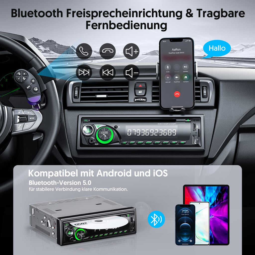 9-24V Autoradio mit CD DVD Player und Bluetooth Freisprecheinrichtung,RDS 1DIN Autoradio 7 Farben MP3 Player FM/AM Radio mit 2 USB SD/AUX/Lenkradfernbedienung