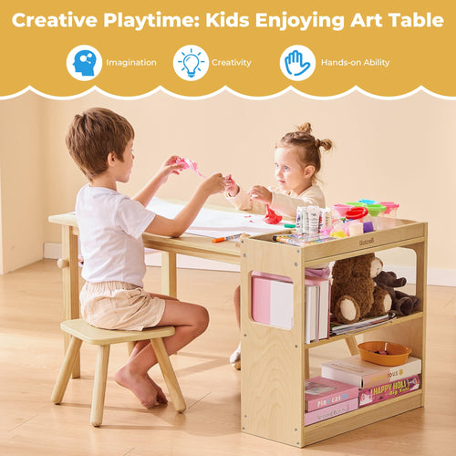 Bateso Kinder-Kunsttisch & 2 Stühle Set mit Rollenpapier - Geräumiger Basteltisch mit Ablageflächen zum Zeichnen, Arbeiten und Lernen - Ideale Holzmöbel für kreatives Spielen